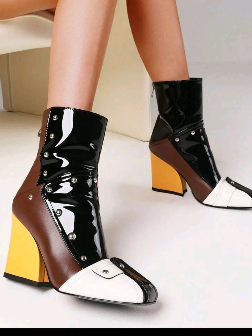 Women's Chunky Heel Ankle Boots Fashion Slip On Patent Rivet Short Boots - Picture 2 of 5